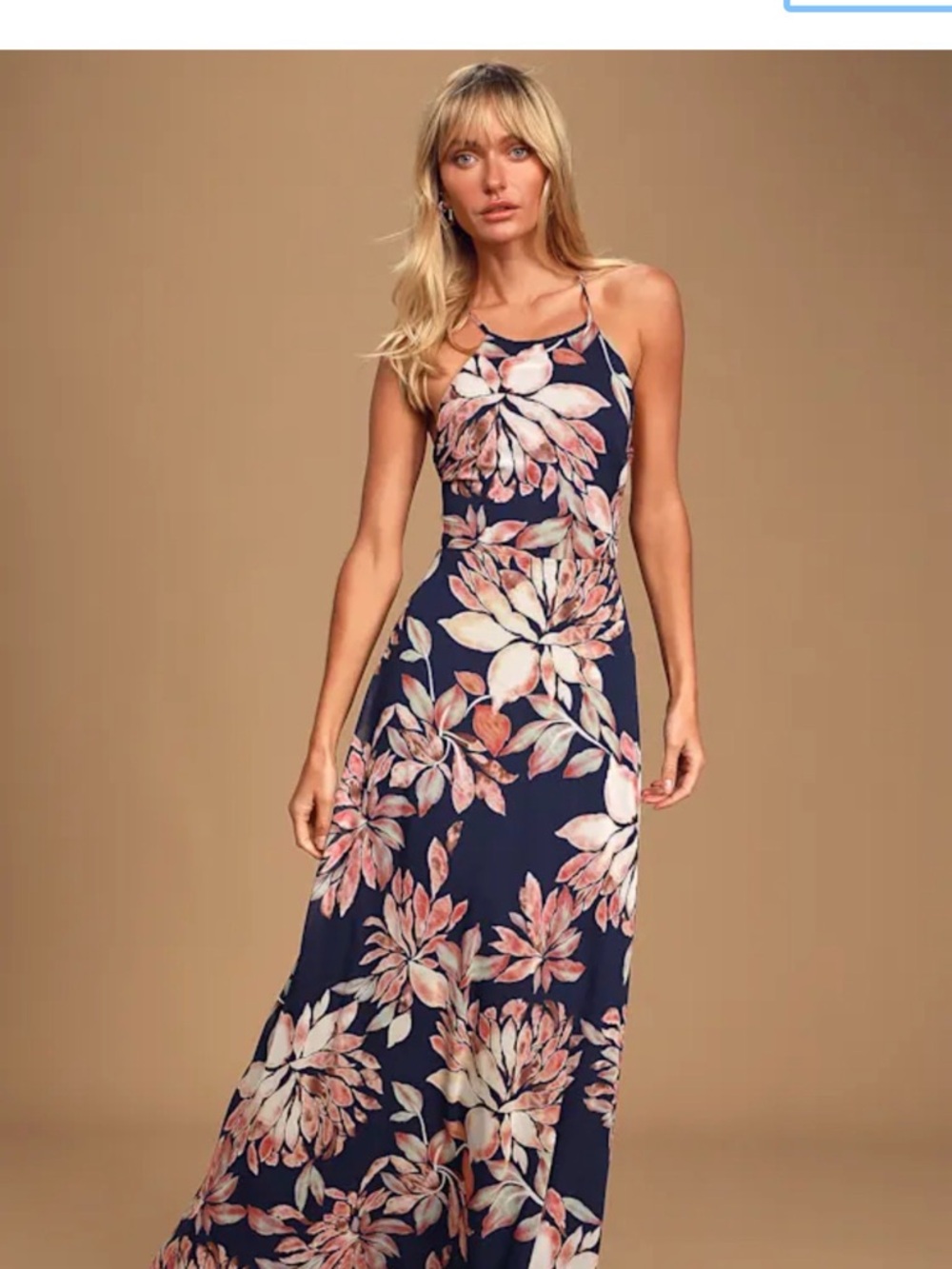 Lulu's Navy Halter Maxi Dress with Pink Floral Print